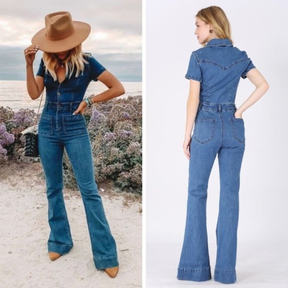 NWT! MID DENIM WESTERN COWGIRL OUTFIT MID DENIM FLARED JUMPSUIT WITH POCKETS - Picture 1 of 3